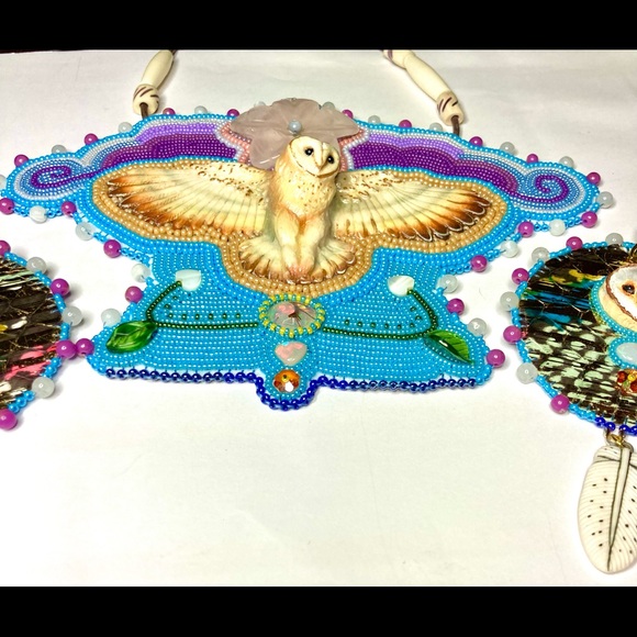 Beaded Beadwork Owl Necklace Earrings jewelry Set Opal Gemstone Bead Embroidery - Picture 6 of 10